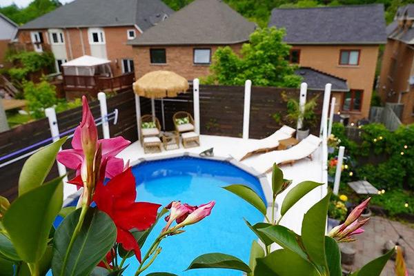 A photo of an outdoor pool surrounded by lush green trees and shrubs. The pool is sparkling blue and has several lounge chairs placed around its edges. The sun is shining bright in the clear blue sky above